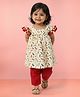 Vastramay Cotton Woven Frill Sleeves Dogs Printed Pom Pom Applique Detailed Kurti & Pants Set - Multi Colour