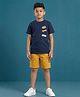 Kaboosh Cotton Knit Half Sleeves Boom Magic Text Skateboard Printed Tee & Shorts Set - Navy Blue & Mustard