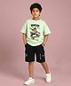 Kaboosh Cotton Knit Half Sleeves Rico Text Skater Printed Tee & Shorts Set - Pista Green & Black