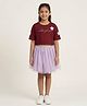 Kaboosh Cotton Knit Half Sleeves Girl Era Text Printed Star Patch Detailed Crop Top & Skirt Set - Maroon & Purple
