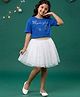 Kaboosh Cotton Knit Half Sleeves Pookie Girl Era Text Printed Stones Embellished Crop Top & Skirt Set - Royal Blue & White