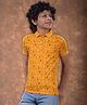 CRIMSOUNE CLUB Cotton Woven Half Sleeves Abstract Printed Polo Tee - Mustard