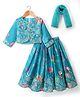 Babyhug Chanderi Woven Full Sleeves Embroidered Lehenga Choli Set & Dupatta With Floral Print & Sequin Detailing - Teal Blue