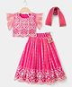 Babyhug Net Woven Frill Sleeves Lehenga Choli & Dupatta With Floral Embroidery & Sequin Detailing - Pink