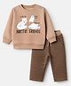 Bonfino Cotton Fleece Knit Full Sleeves Oversized Drop Shoulder Winter Sweatshirt and Jogger Set with Animal & Text Print - Beige
