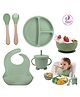 Puchku 6 Pcs Silicone Baby Feeding Set, BPA Free & Microwave Safe Dinner Tableware Kit - Feeding Bowl, Suction Plate, Cup, Spoon, Fork & Bib for Kids ( Pack of 1, Dusky Green)