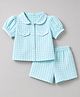 ToffyHouse Cotton Woven Half Puffed Sleeves Checkered Top & Shorts Co-Ord Set - Light Blue