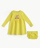 bontots Organic Cotton Knit Full Sleeves Car Printed Dress With Bloomer - Yellow