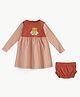 bontots Organic Cotton Knit Full Sleeves Bear Printed Dress With Bloomer - Brown