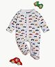 bontots Organic Cotton Knit Full Sleeves Cars Printed Footed Sleepsuit - White