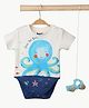 bontots Organic Cotton Knit Half Sleeves Octopus Printed Onesie - White & Blue