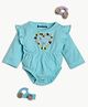 bontots Organic Cotton Knit Full Sleeves Heart Printed Onesie - Sea Green