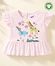 bontots Organic Cotton Knit Half Sleeves Floral & Animals Printed Top - Pink