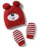 Babyhug Cotton Knit Woollen Cap & Striped Mittens With Bear Embroidery Rust Orange - Diameter 10 cm