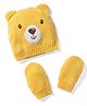 Babyhug Cotton Knit Woollen Cap & Mittens With Bear Embroidery Yellow - Diameter 15 cm