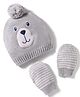 Babyhug Cotton Knit Woollen Cap & Striped Mittens With Bear Embroidery Grey - Diameter 11 cm