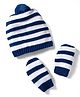Babyhug Cotton Knit Striped Woollen Cap & Mittens Navy Blue - Diameter 15 cm