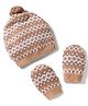Babyhug Cotton Knit Woollen Cap & Mittens With Geometric Design Beige- Diameter 10.5 cm