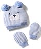 Babyhug Cotton Knit Woollen Cap & Striped Mittens With Bear Embroidery Light Blue - Diameter 10 cm