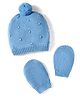Babyhug Cotton Knit Woollen Cap & Mittens Set With Embroidery Light Blue - Diameter 13.5 cm