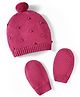 Babyhug Cotton Knit Woollen Cap & Mittens Set With Embroidery Wine - Diameter 14 cm