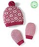 Babyhug Cotton Natural Knit Woollen Cap & Mittens Set With Floral Design Wine - Diameter 14.5 cm