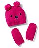 Babyhug Cotton Knit Woollen Cap & Mittens With Bear Embroidery Fuchsia - Diameter 15 cm