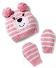 Babyhug Cotton Knit Woollen Striped Cap & Mittens With Bear Embroidery Pink - Diameter 11 cm