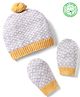 Babyhug Cotton Natural Knit Woollen Cap & Mittens With Geometric Design Grey- Diameter 12 cm