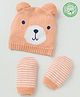 Babyhug Organic 100% Cotton Knit Woollen Caps and Set With Pom Pom Cap With Bear Design Peach - Diameter 14 cm