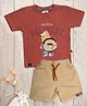 CRUNCHY NACHOS Knitted Half Sleeves Bear & Delivery Text Printed Tee & Shorts Set - Rust Orange