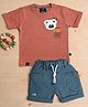 CRUNCHY NACHOS Knitted Half Sleeves Bear & Typography  Printed Tee & Shorts Set - Rust Orange