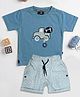 CRUNCHY NACHOS Knitted Half Sleeves Vehicle Embroidered Tee & Shorts Set - Sky Blue