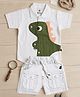 CRUNCHY NACHOS Cotton Woven Half Sleeves Dinosaur Applique Detailed Polo Tee & Short Set - White