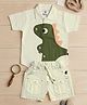 CRUNCHY NACHOS Cotton Woven Half Sleeves Dinosaur Applique Detailed Polo Tee & Short Set - Cream