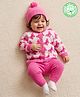 Babyhug Knit Organic Cotton Full Sleeves Butterfly Designed Front Open Sweater Set with Cap - Pink