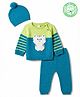 Babyhug Organic Cotton Knit Full Raglan Sleeves Striped & Kitten Patched Sweater Set With Cap- Teal Blue