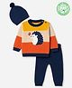 Babyhug 100% Cotton Knit Full Sleeves Animal & Butterfly Embroidered Sweater Set With Cap - Navy Blue