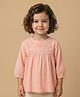 BYB Premium Cotton Woven Three Fourth Sleeves Floral Embroidered Textured Top - Peach