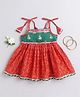 Many frocks & Chanderi Woven Sleeveless Lace Embellished Abstract Printed Dress - Orange & Green