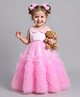 Many frocks & Net Woven Sleeveless Ruffles Detailed Sequins Embellished Peter Pan Collared Gown - Pink