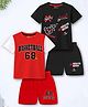 Trampoline Cotton Blend Knit Pack Of 2 Half Sleeves Graffiti Style Typography & Basketball Text Printed Tee & Shorts Set - Red & Black