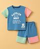ToffyHouse Interlock Knit Half Sleeves T-shirt and Shorts Set With Teddy Bear Patch & Text Print - Light Blue