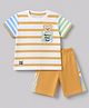 ToffyHouse Interlock Knit Half Sleeves Striped T-Shirt and Shorts Set with Bear Patch in Mustard