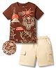 OLLINGTON ST. Sinker Knit Half Sleeves T-Shirt & Shorts Set With Tiger & Mountain Print - Multicolor