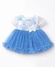 Spool Junior Net Woven Puffed  Sleeves Stones Embellished Bow Applique Detailed Dress - Blue