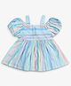 Spool Junior Cotton Woven Half Off Shoulder Puffed Sleeves Chevron Printed & Floral Applique Detailed Dress - Multi Colour
