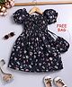 blushh berry Cotton Woven Half Puffed Sleeves Floral Printed Dress With Sling Bag - Black