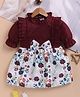 blushh berry Cotton Woven Full Sleeves Bow Applique Frill Detailed Floral Printed Dress -  Red