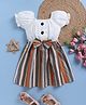 blushh berry Cotton Woven Half Puffed Sleeves Bow Applique Detailed Striped Dress - Multi Colour